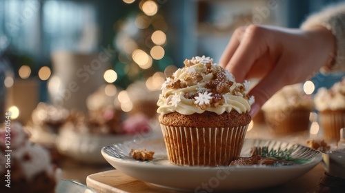 A hand reaches for a frosted cupcake adorned with sprinkles, surrounded by festive decorations.