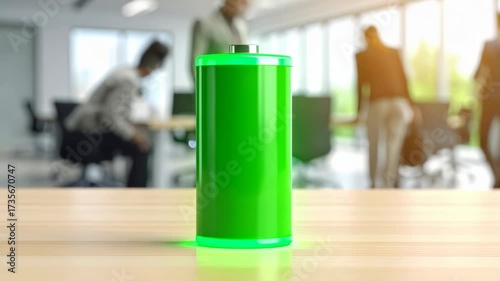 Animated recycling battery in modern office promotes sustainable energy options