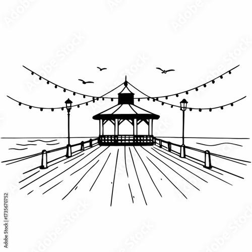 Minimilist a black and white line drawing of a gazebo on a pier with lights and birds flying above the water view vector