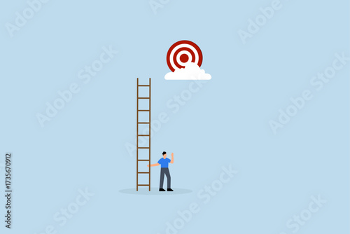 Mistake and error causing business problem and missing goal, despairing entrepreneur with an inadequate ladder cannot achieve goal