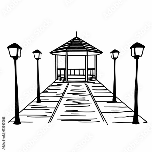 Minimilist illustration of a gazebo at the end of a path lined with lampposts in a black and white design style vector