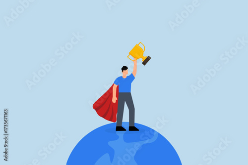 Business worldwide winner, entrepreneur superhero holding a trophy as a prize winner on planet earth