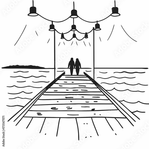 Minimilist a couple walking on a wooden pier with hanging lights over the water and distant land in monochrome style vector