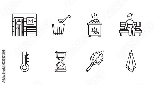 Sauna and spa icons set representing relaxation wellness and heat therapy essentials vector