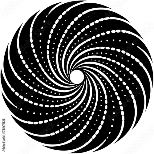 Abstract swirling vortex shape composed of curved dotted lines suitable for dynamic backgrounds and futuristic designs