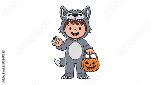 Child in Wolf Costume for Halloween: A young child, brimming with playful energy, dressed in an endearing wolf costume, gleefully clutches a pumpkin-shaped basket, embodying the spirit of Halloween. 