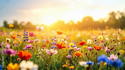 Golden hour light on vibrant wildflowers blowing gently in summer meadow breeze