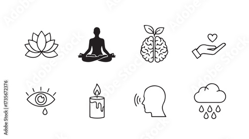 Set of spiritual and mental wellness icons representing mindfulness meditation and emotional balance vector