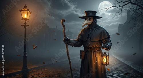 Mysterious figure in plague doctor costume holding lantern on dark street with fog and falling leaves under full moon. Chilling atmosphere enhances spooky vibe for Halloween celebrations.