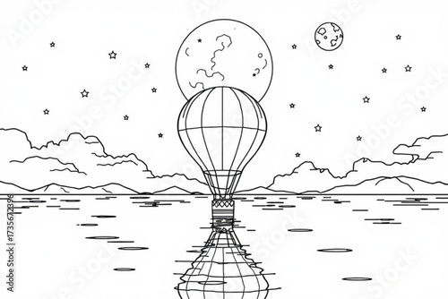 Minimilist hot air balloon reflected on water with moon and stars in the sky in a black and white line drawing vector