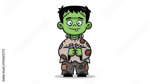 Cute Frankenstein with candy: A charming Frankenstein illustration, complete with endearing features, cradles a handful of colorful candy in his hands. A joyful embodiment of Halloween spirit.