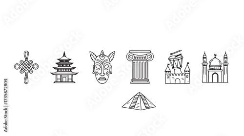 Collection of cultural symbols and architectural landmarks from around the world vector