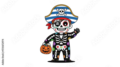 Halloween Pirate Illustration: A jovial pirate, adorned with festive skeletal motifs, embraces the spirit of Halloween.