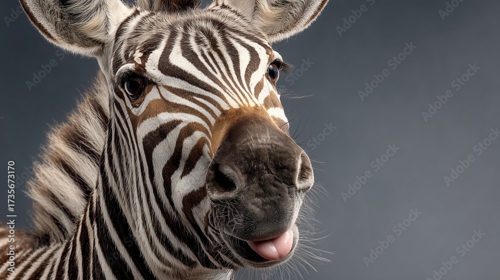 Fototapeta premium Close-up of a zebra with distinctive black and white stripes. The zebra has a playful expression, showcasing its unique features against a dark background.