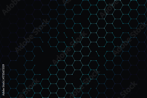 Dark hexagon abstract technology background with blue colored bright flashes under hexagon. Hexagonal gaming vector abstract high