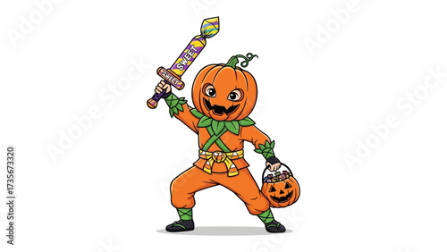 Pumpkin-headed Warrior: A cheerful pumpkin-headed character, ready for Halloween, brandishing a candy-themed sword and carrying a trick-or-treat bucket, embodies the playful spirit of the season.