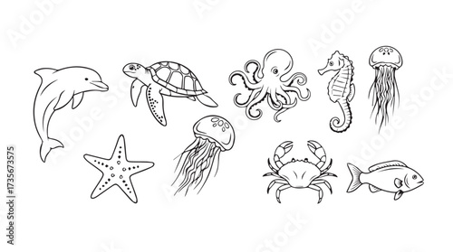 Hand drawn outline collection of diverse marine life creatures for artistic projects vector