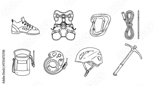 Essential rock climbing gear collection isolated line art style for adventure sports vector