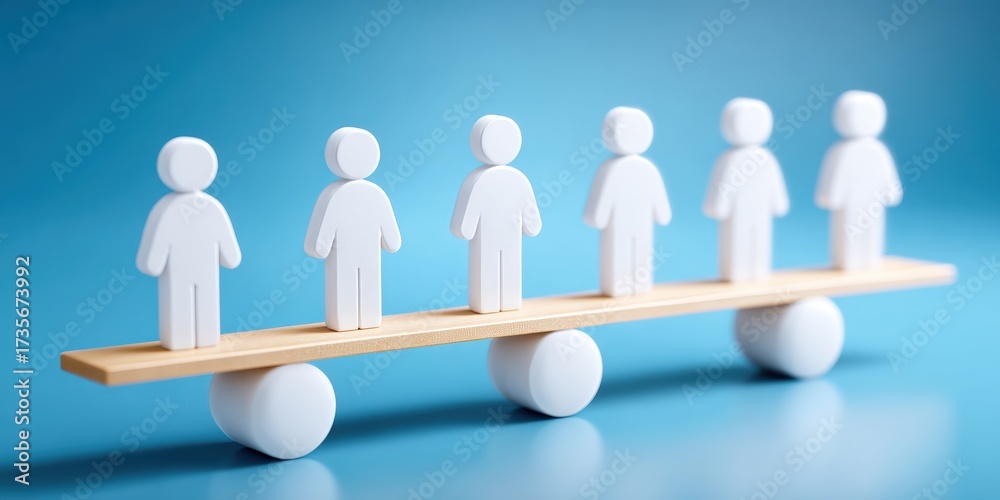 Obraz premium Balanced figures on a wooden beam representing teamwork, collaboration, stability, unity, success, cooperation, achievement, leadership, and organizational growth in professional setting