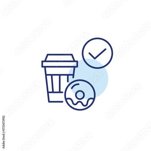 Coffee cup, donut and checkmark. Food and drink safety. Pixel perfect, editable stroke vector icon