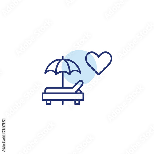 Sun bed, umbrella and heart. Favorite vacation, travel and relaxation journey. Pixel perfect, editable stroke vector icon