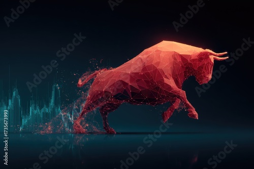 A vibrant digital illustration featuring a red geometric bull leaping over a blue graph