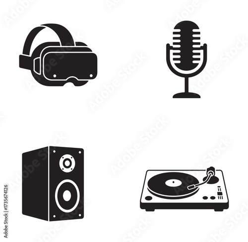 Vector illustration of entertainment and technology elements in a modern black and white design