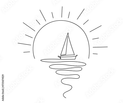 Ocean Sunset with Boat Hand Drawn Sketch Line Art Drawing. Vintage Yacht Minimal Simple Linear Drawing. Sail Hand Drawn Sketch Linear Illustration. Sea Boat Contour Drawing. Vector EPS 10.
