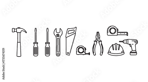 Collection of construction and repair tools hand drawn style set isolated on vector