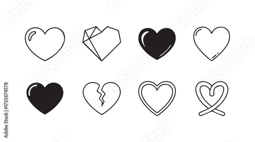 Collection of eight unique heart shapes in various styles and fill for romantic and love themes vector