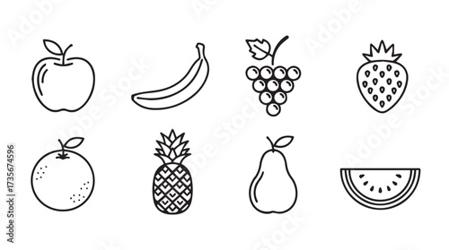 Hand drawn fresh fruit icons featuring apple banana grapes strawberry pineapple pear watermelon slices vector