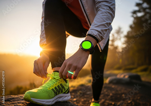 Fit woman in athletic wear ties her vibrant running shoes. Her fitness journey is tracked by both a smart watch and a smart ring, highlighting the blend of technology and an active, healthy lifestyle.