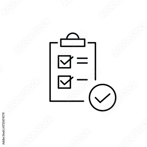 Checklist on clipboard and checkmark. Approved tasks, successfully verified. Pixel perfect, editable stroke vector icon