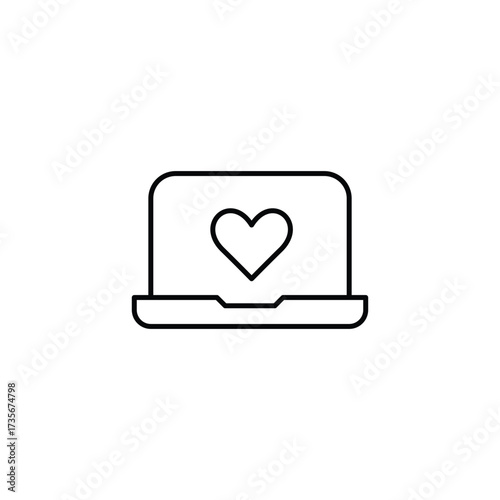 Laptop with heart symbol. Customer care online, user support. Pixel perfect, editable stroke vector icon