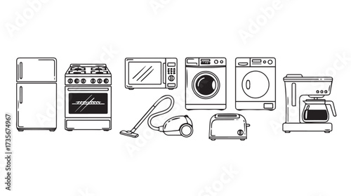 Collection of kitchen and home appliances rendered in a hand-drawn style for modern living vector