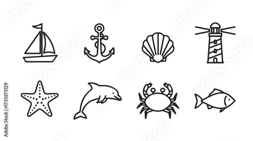 Charming hand-drawn nautical icons featuring sailboat anchor seashell dolphin crab starfish and lighthouse vector