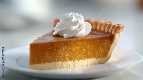 Delicious slice of pumpkin pie topped with whipped cream, set on a white plate, embodying the essence of autumn desserts.