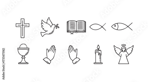 Set of religious icons christian symbols prayer holy communion dove cross bible fish angel candle worship vector