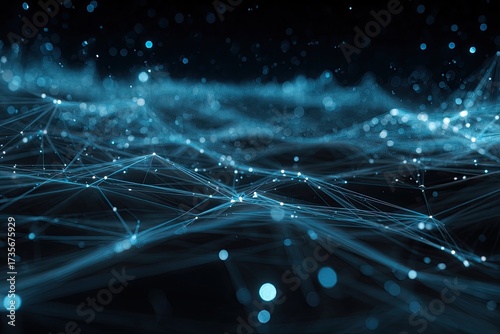 Abstract blue digital landscape of interconnected points and lines with bokeh effect