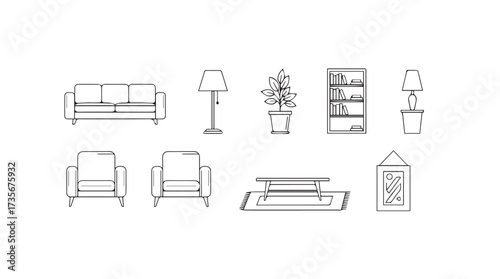 Hand-drawn architectural furniture icons and decor elements for interior design layouts vector