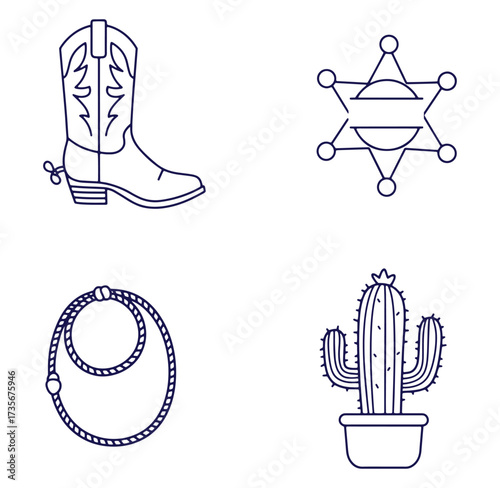 Vector illustration of western cowboy icons including boots sheriff badge lasso and cactus