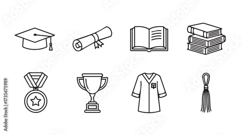 Collection of academic achievement icons graduation cap diploma book stack medal trophy lab coat and tongs vector