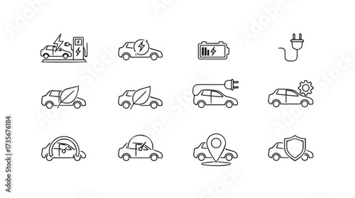 Hand-drawn icons representing electric cars and related concepts in a grid layout vector