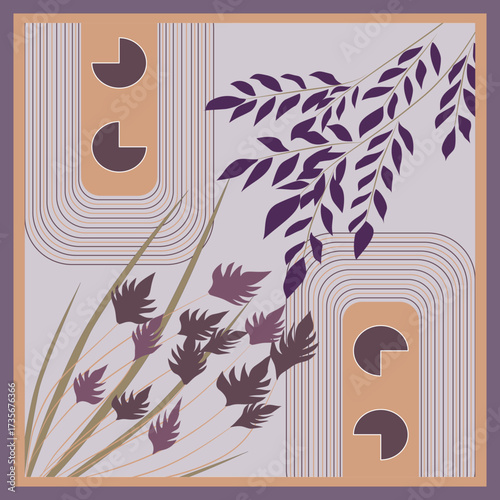 Abstract wall art with purple leaves and geometric arches. The design combines natural branches with layered retro curves, balancing organic softness and structured rhythm.