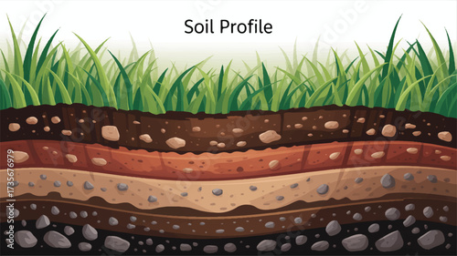 Illustration of a soil profile showing distinct layers of earth and grass