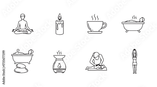 Collection of spa and wellness icons symbolizing meditation relaxation and self-care vector