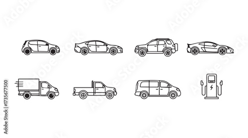 Diverse collection of vehicle silhouettes and gas pump icons for transportation and mobility concepts vector