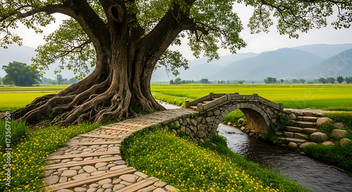 Old tree and stone bridge over stream in rice field