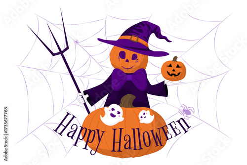 A festive Halloween illustration featuring a pumpkin-headed figure with a witch hat, holding a pitchfork and pumpkin, surrounded by ghosts and a spider web.