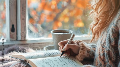 A calm morning scene with a person writing in their journal while sipping a warm cup of tea. Soft natural light fills the room